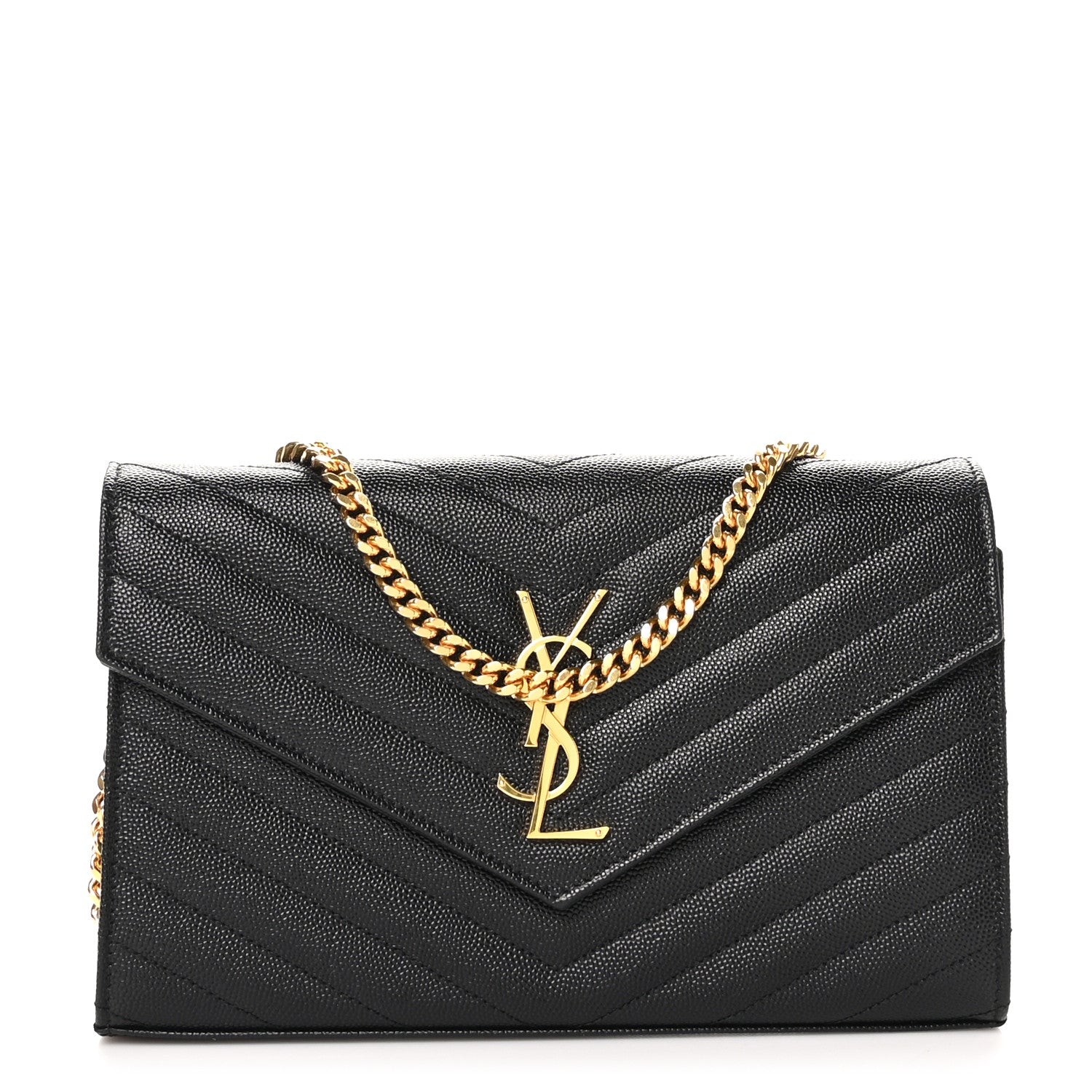 Saint Laurent Grain De Poudre Matelasse Chevron Monogram Chain Wallet Black 1 of 9