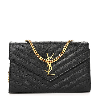 Saint Laurent Grain De Poudre Matelasse Chevron Monogram Chain Wallet Black 1 of 9