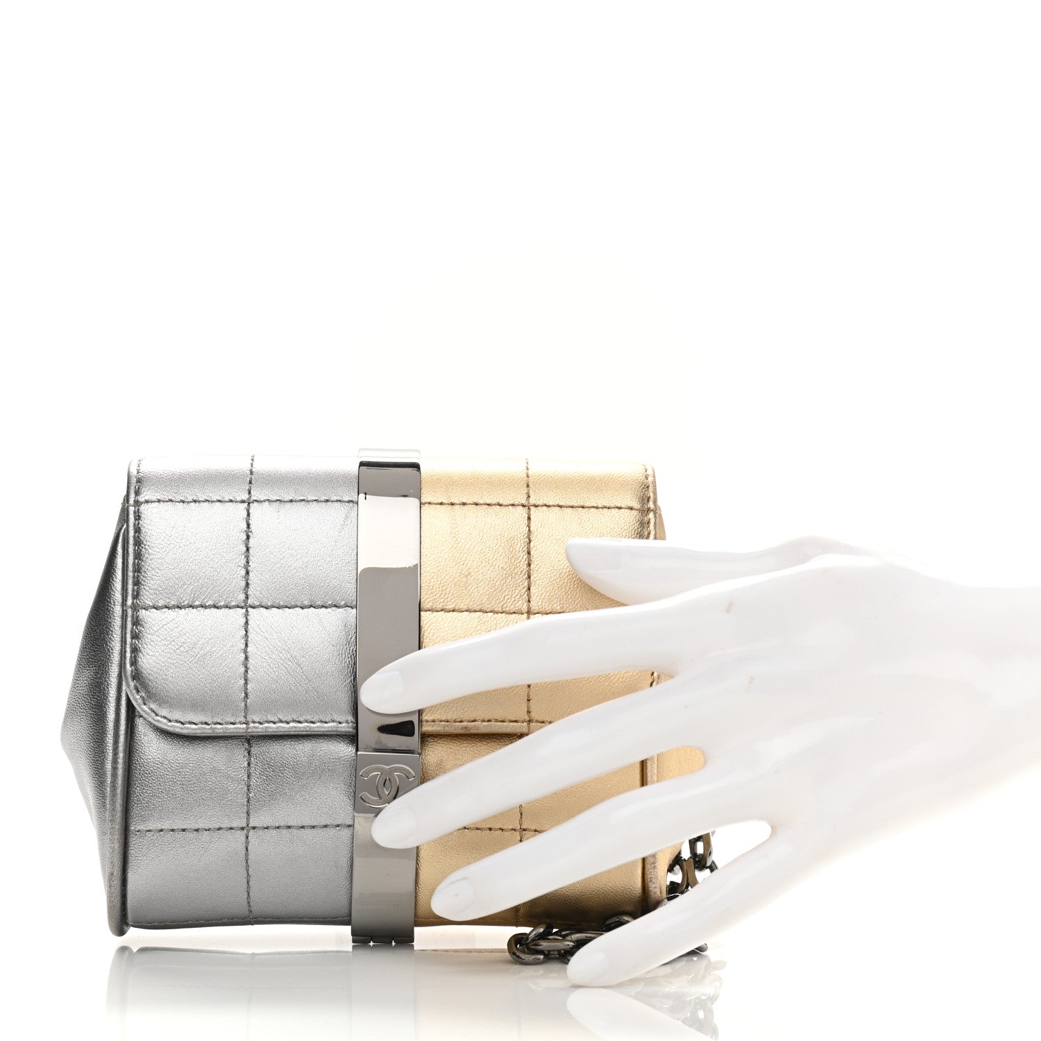 Chanel Metallic Lambskin Square Quilted Wristlet Clutch Gold Silver 3 of 12