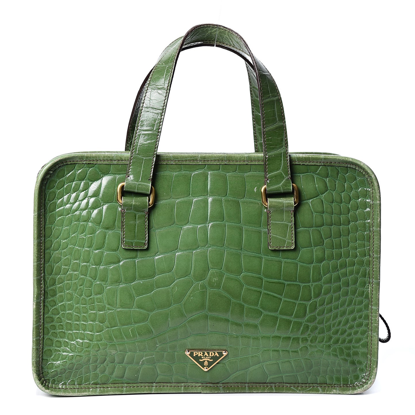 Shiny Calfskin Crocodile Embossed Double Zip Bauletto Larice