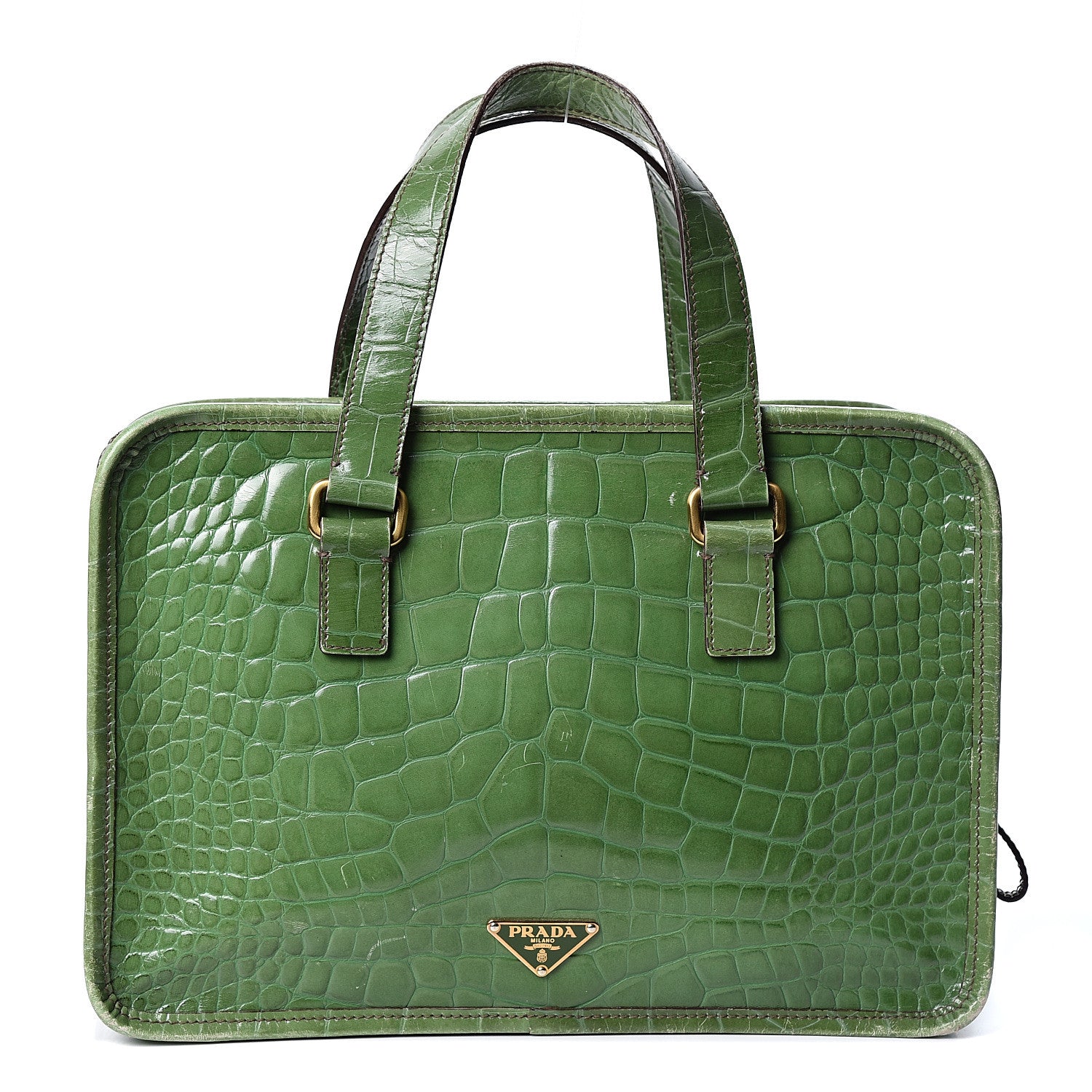 Prada Shiny Calfskin Crocodile Embossed Double Zip Bauletto Larice 1 of 11