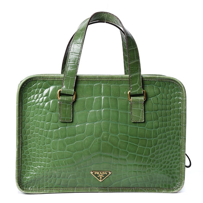 Prada Shiny Calfskin Crocodile Embossed Double Zip Bauletto Larice 1 of 11