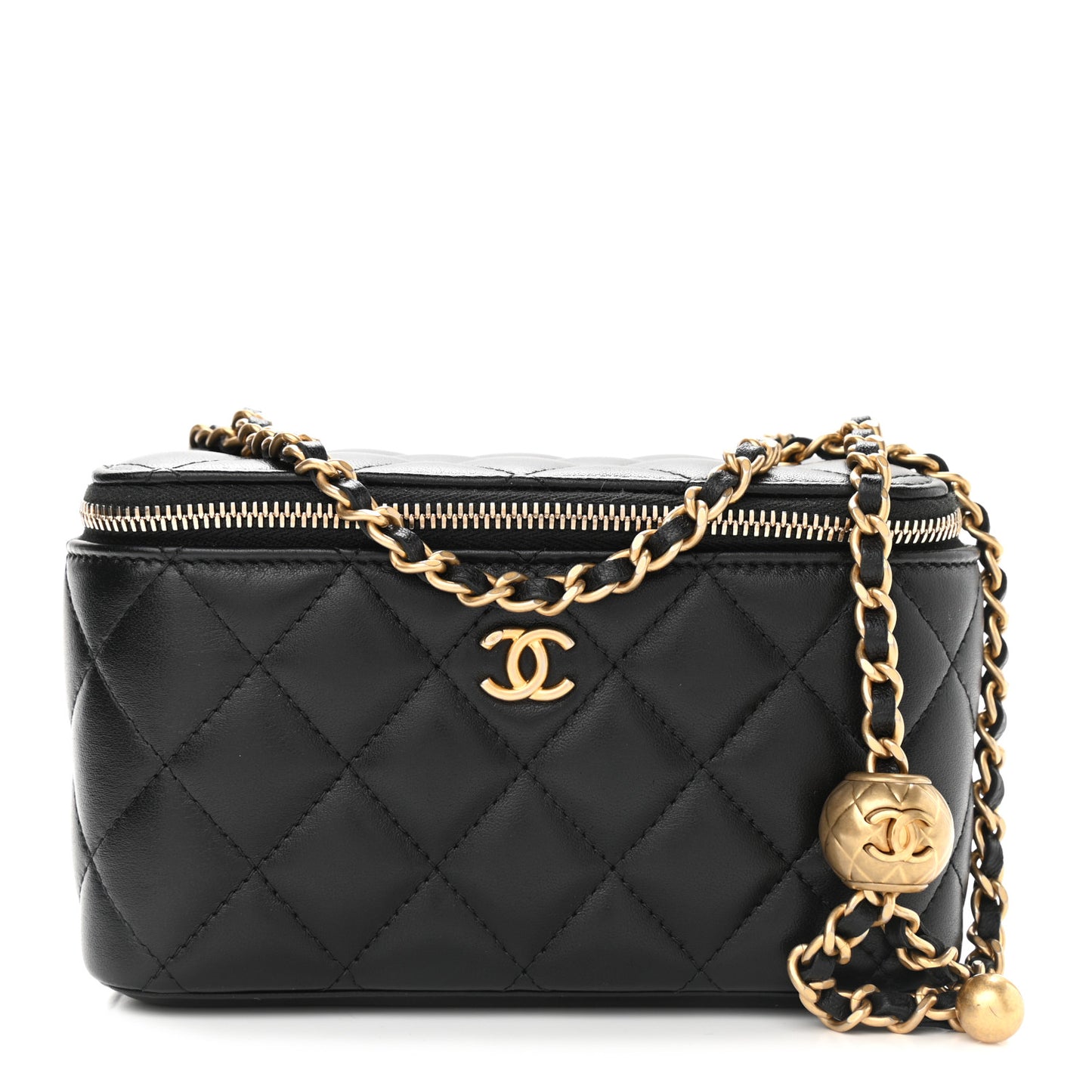 Lambskin Quilted Small Pearl Crush Vanity Case With Chain Black