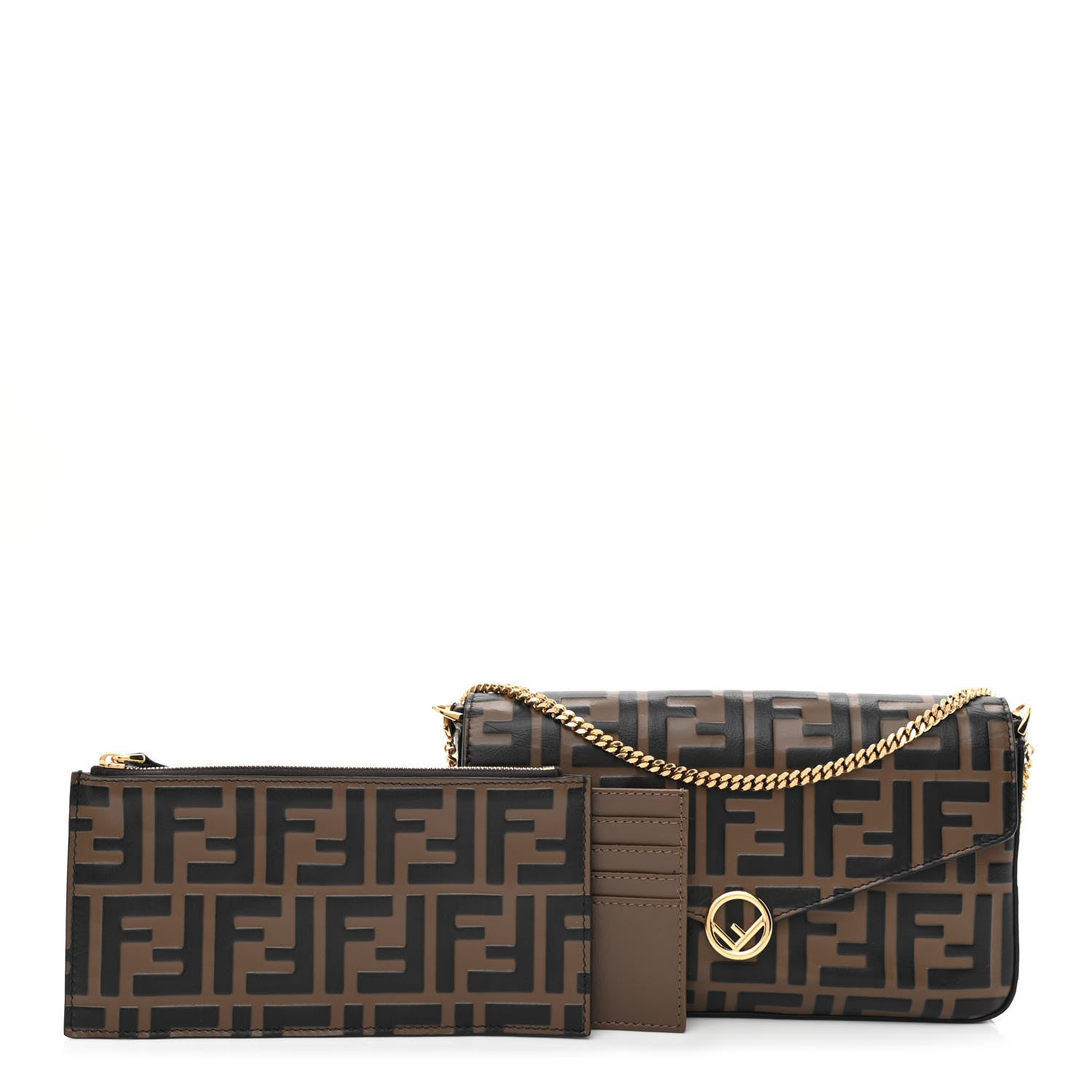 Fendi Vitello Soft F is Fendi Bi-Color FF 1974 Embossed Envelope Wallet On Chain with Pouches Maya Black 1 of 13