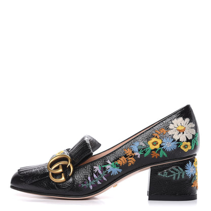 Gucci Skipper Calfskin Floral Embroidered GG Marmont Fringe 50mm Loafer Pumps 36.5 Black 1 of 11