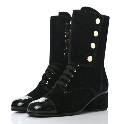 Chanel Velvet Patent Cap Toe CC Lace Up Boots 38.5 Black 3 of 10