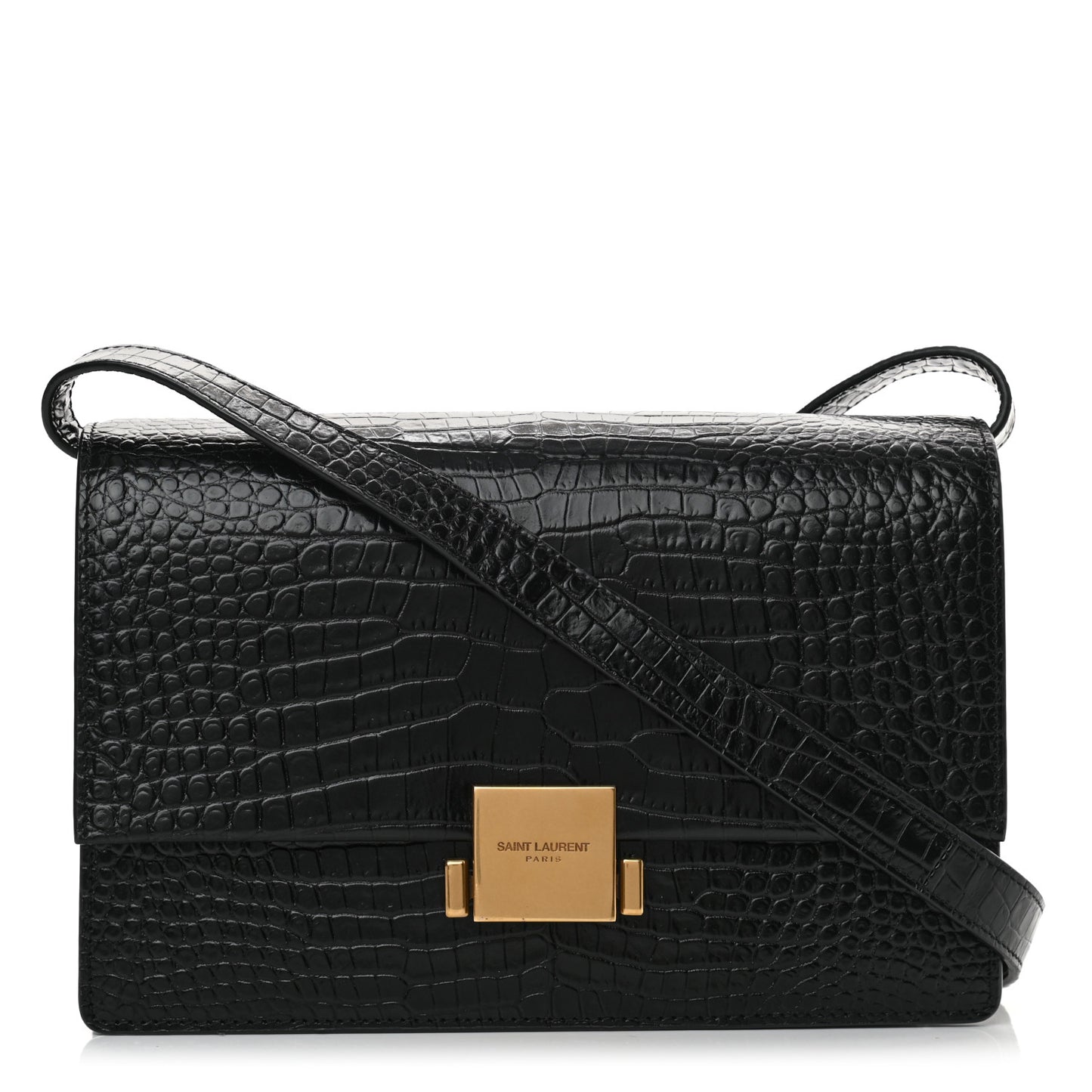 Calfskin Crocodile Embossed Medium Bellechasse Satchel Black