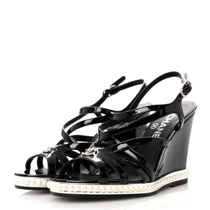 Chanel Patent Pearl CC Wedge Sandals 36.5 Black 4 of 9
