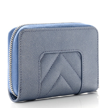 Chanel Metallic Caviar Chevron Quilted Vintage Mademoiselle Zip Coin Purse Blue 3 of 9