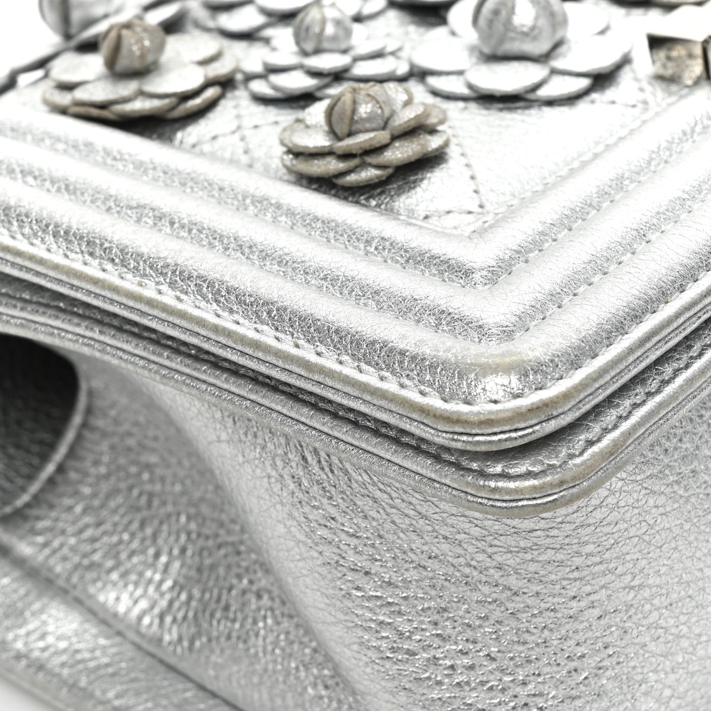 Metallic Calfskin Camellia Quilted Small Boy Flap Silver