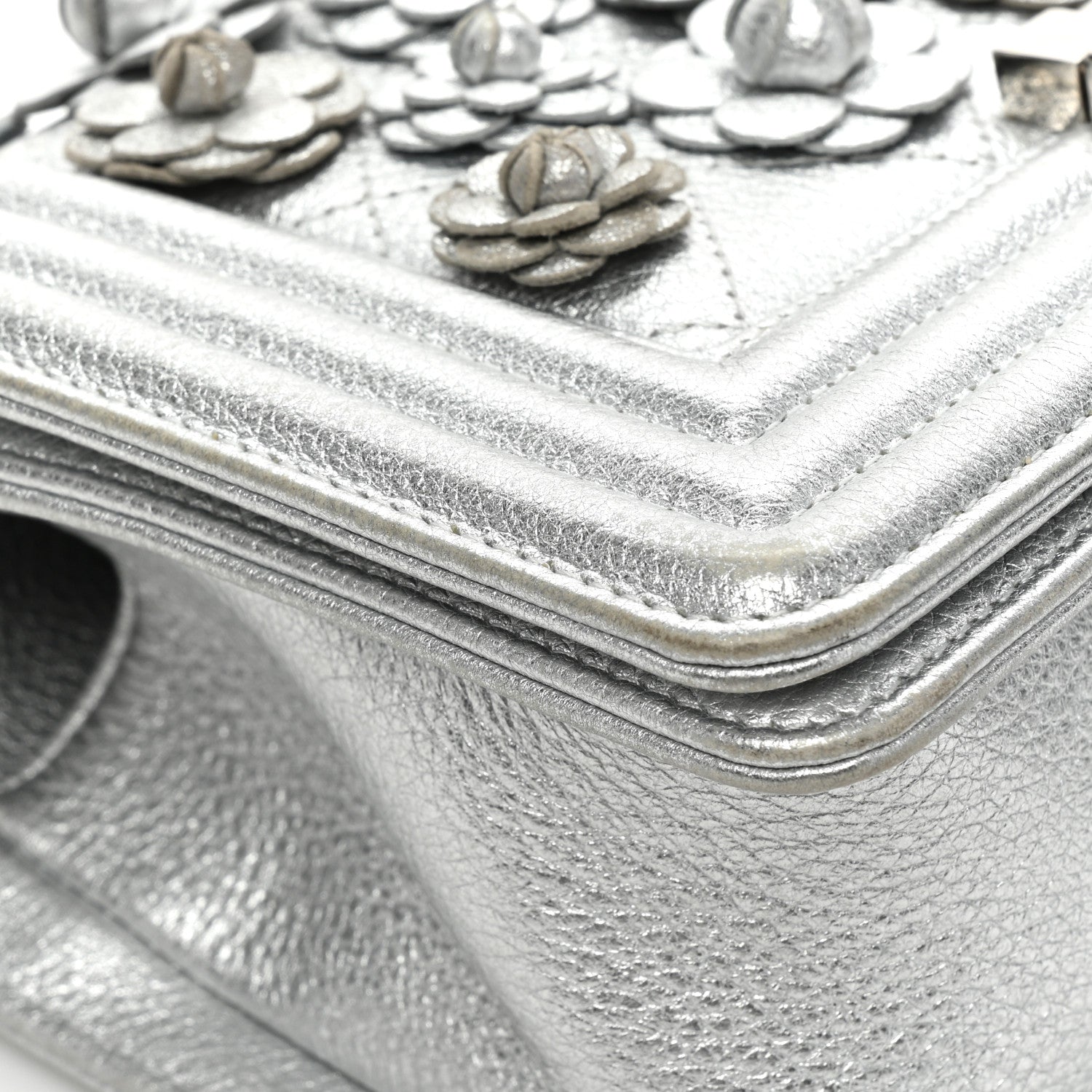 Chanel Metallic Calfskin Camellia Quilted Small Boy Flap Silver 13 of 18