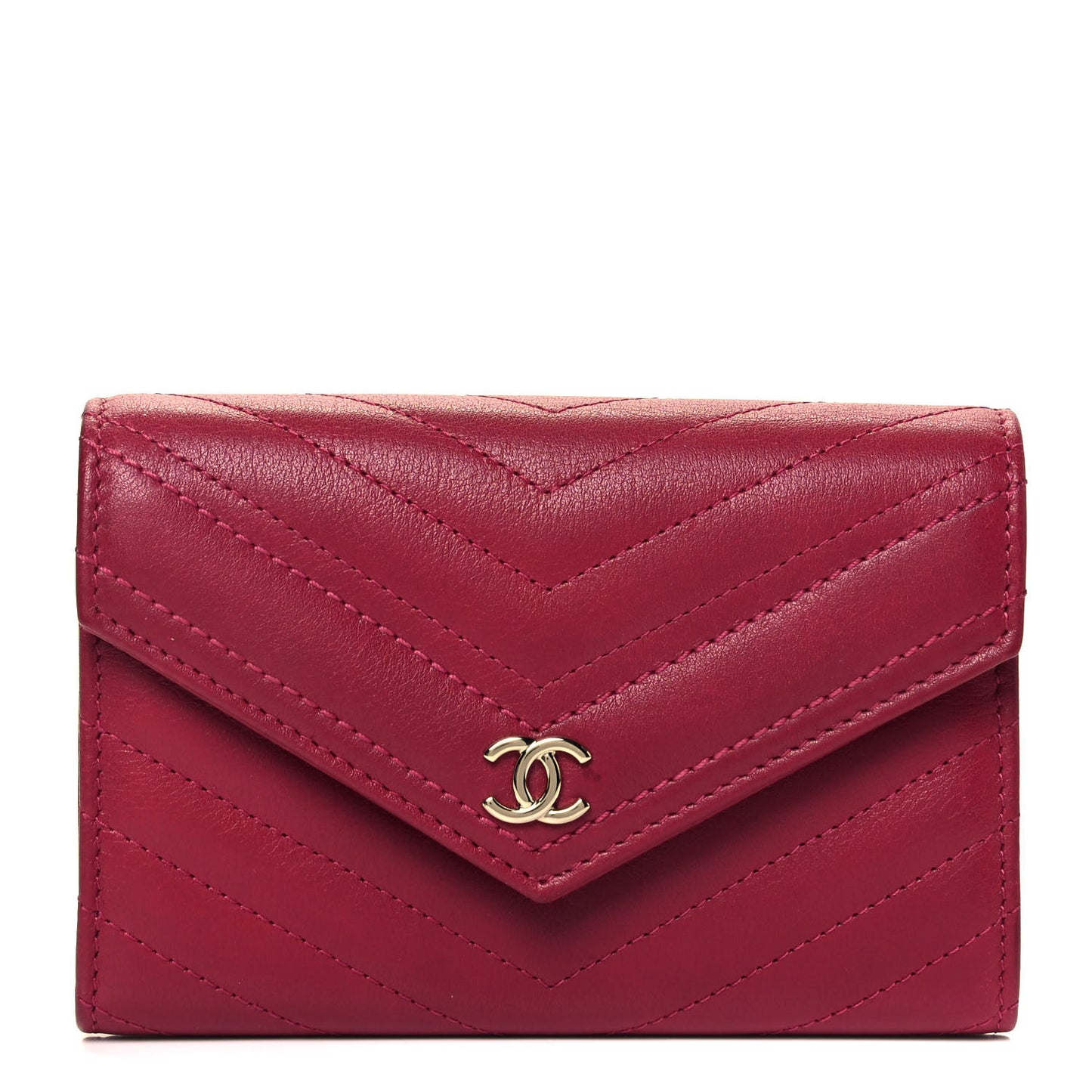Calfskin Chevron Quilted Compact Flap Wallet Dark Pink