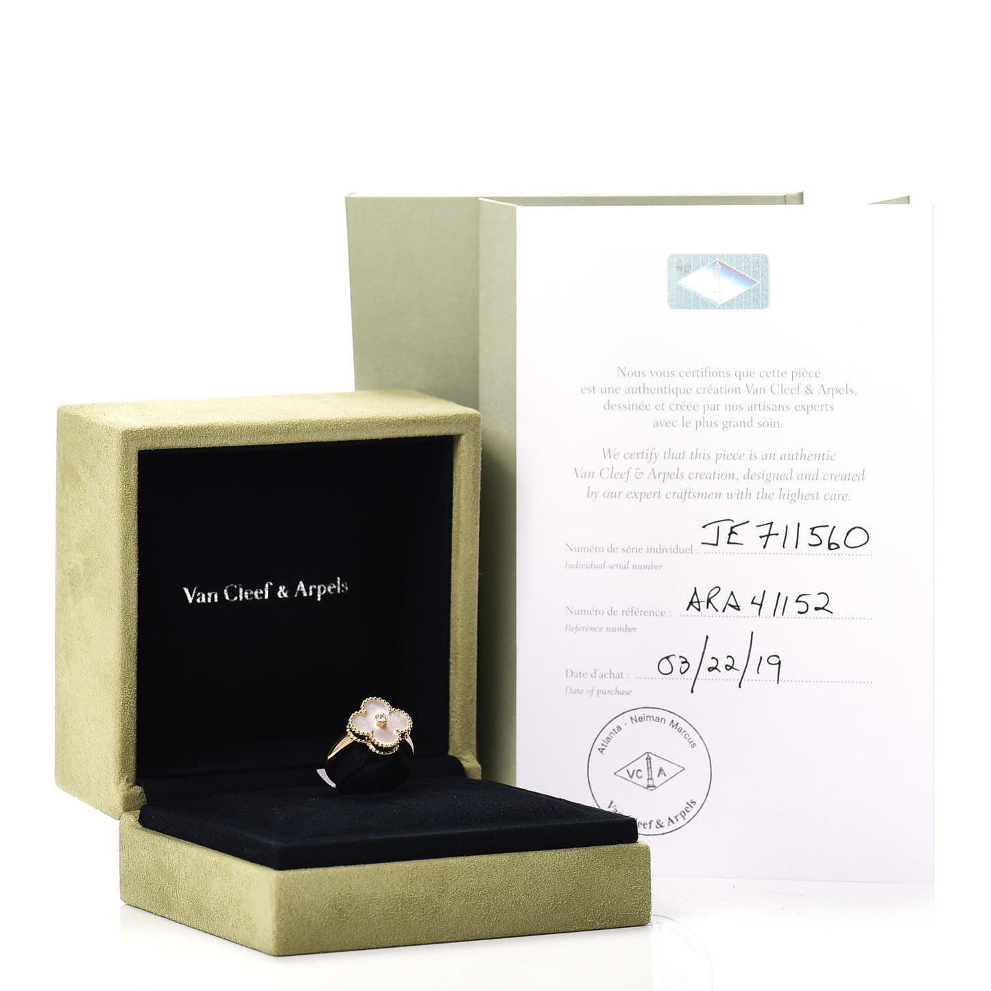 18K Yellow Gold Diamond Mother of Pearl Vintage Alhambra Ring 52 6