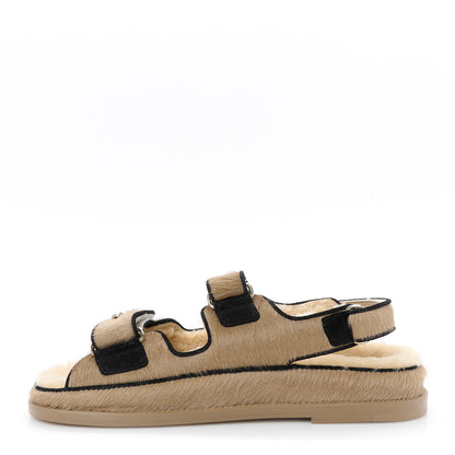 Chanel Calf Hair Suede Shearling Dad Sandals 37.5 Beige 1 of 10