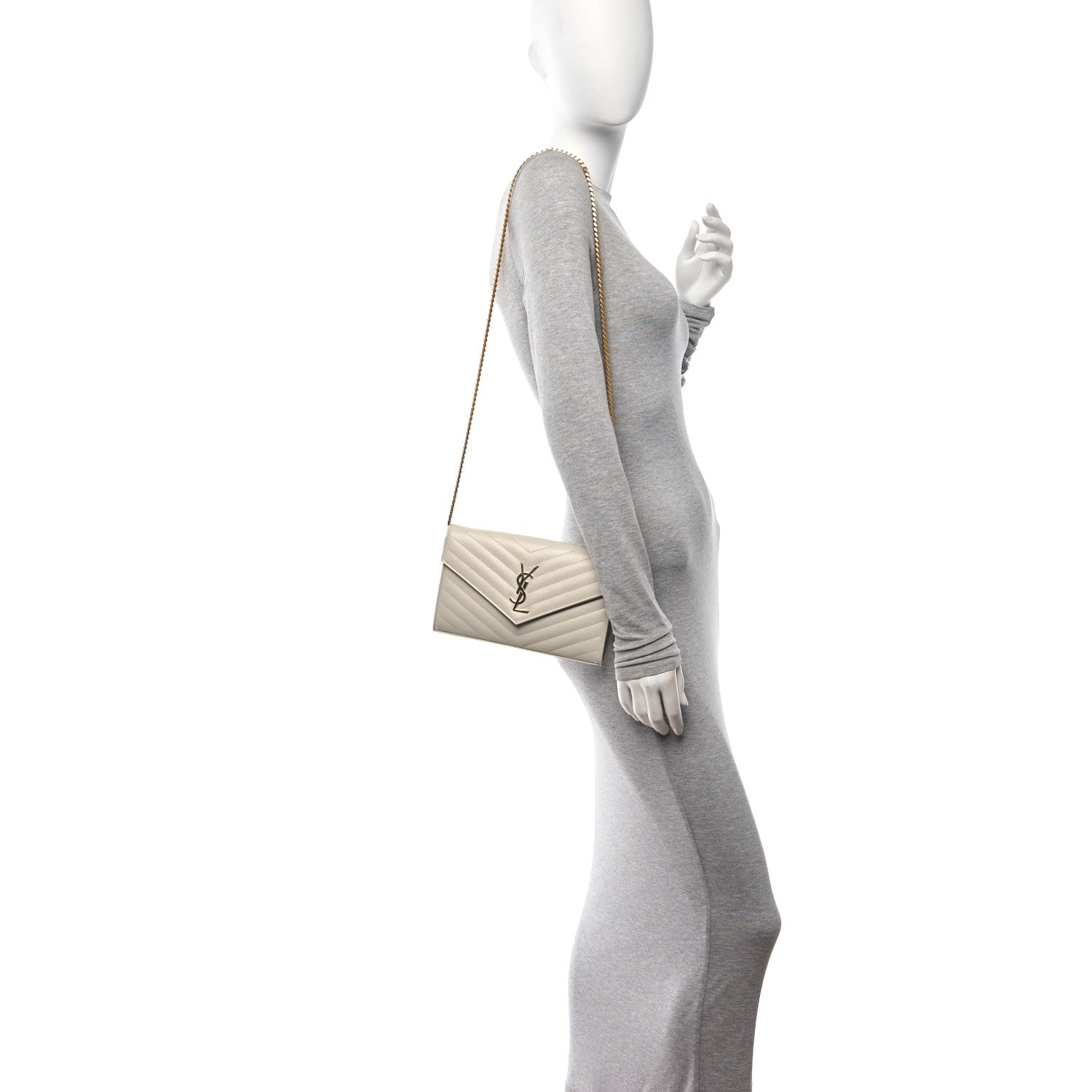 Saint Laurent Grain De Poudre Matelasse Chevron Monogram Chain Wallet Crema Soft 2 of 11