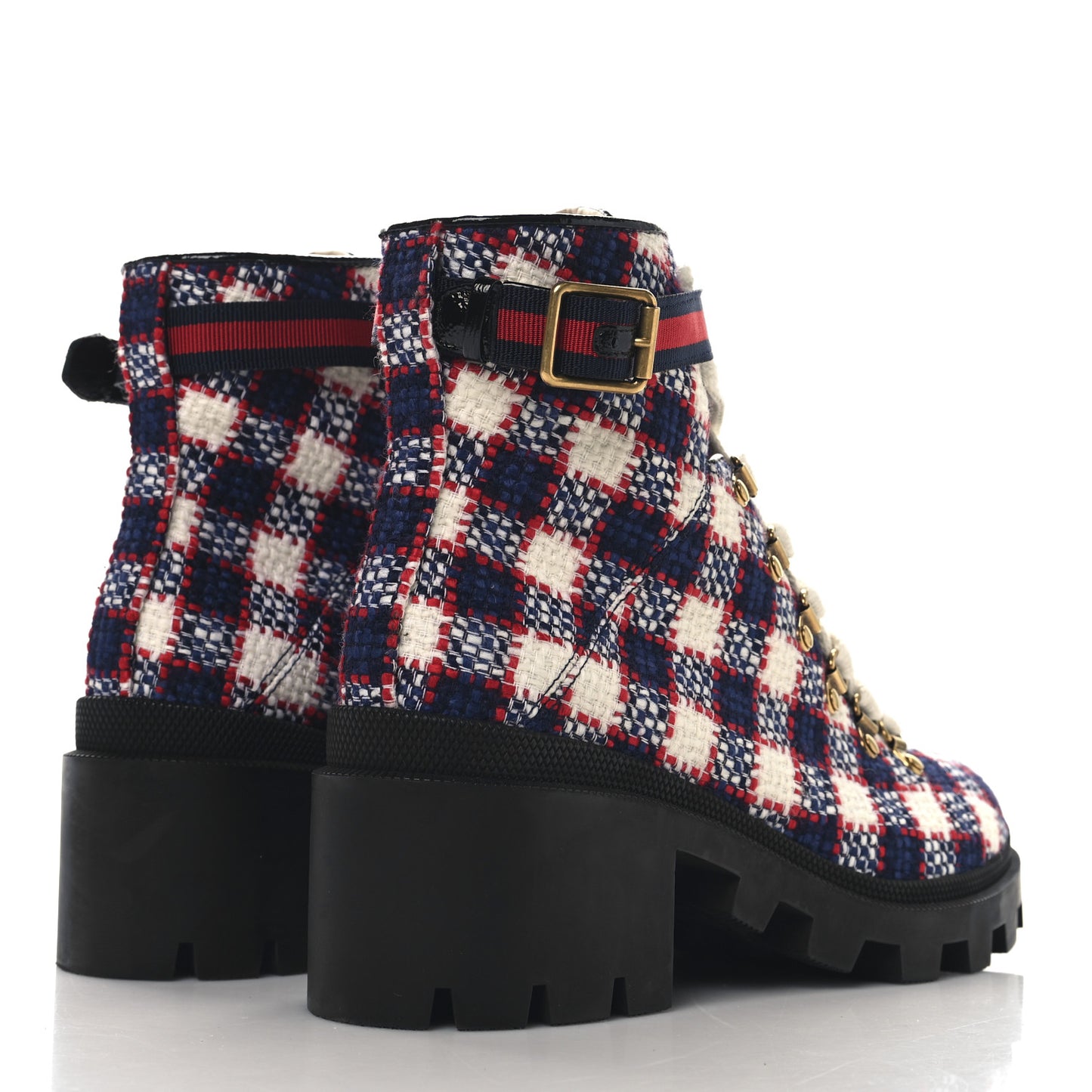 Vintage Tweed Check Lace Up Combat Ankle Boots 41 White Hibiscus Red Marine