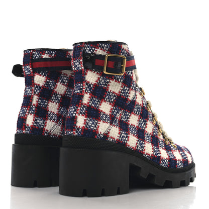 Gucci Vintage Tweed Check Lace Up Combat Ankle Boots 41 White Hibiscus Red Marine 4 of 10