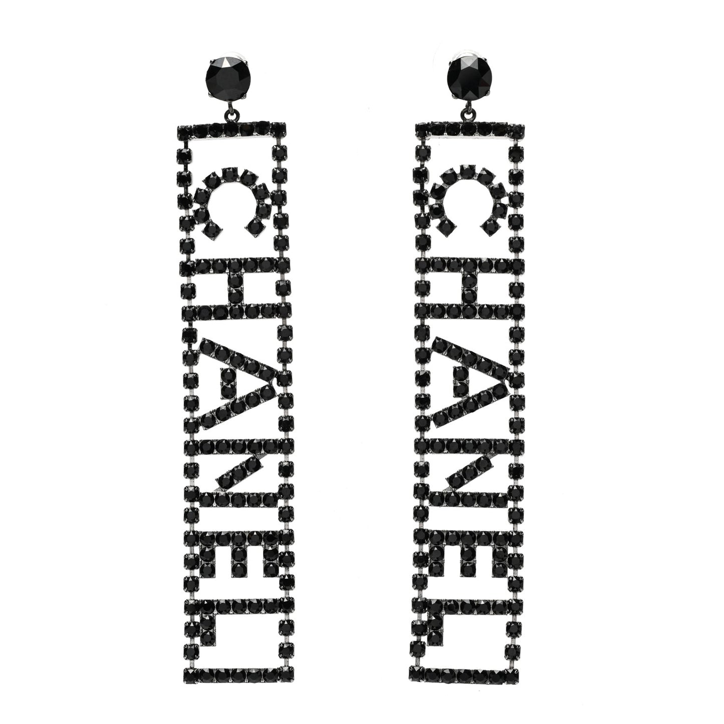 Ruthenium Crystal Chanel Logo Drop Earrings Black