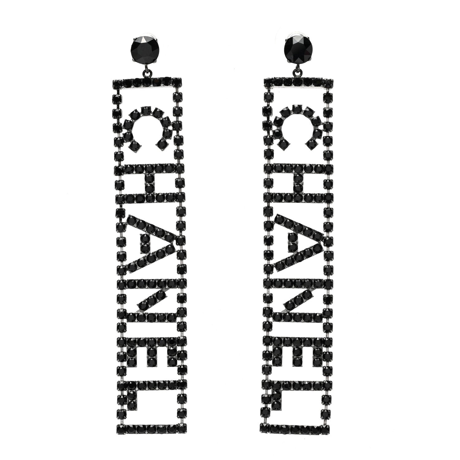 Chanel Ruthenium Crystal Chanel Logo Drop Earrings Black 1 of 5