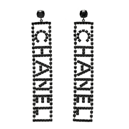 Chanel Ruthenium Crystal Chanel Logo Drop Earrings Black 1 of 5