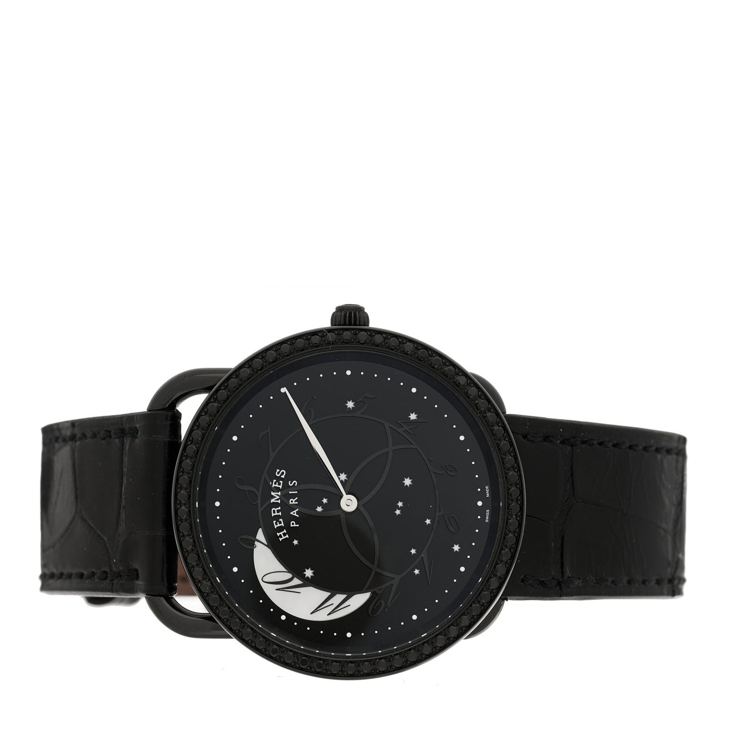 PVD Stainless Steel Alligator Black Diamond 36mm Arceau Ronde Des Heures Quartz Watch Noir