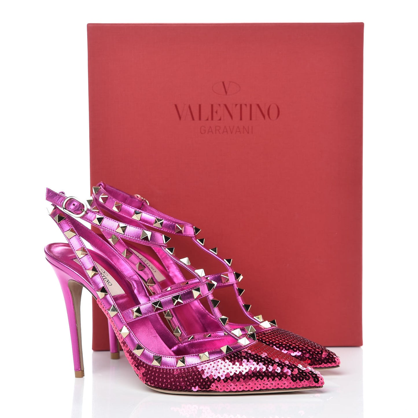 Metallic Nappa Sequin Liquid Metal Rockstud Ankle Strap Pumps 40 Pink Orchid