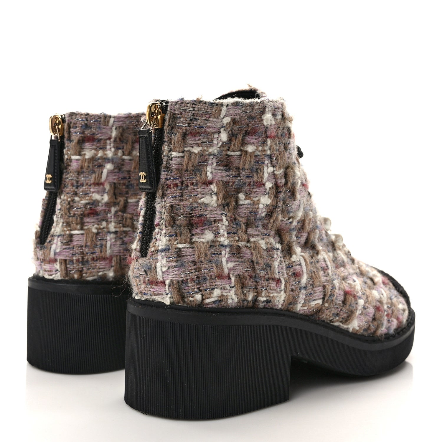 Chanel Tweed Calfskin Pearl Combat Short Boots 38 Beige Pink Black 4 of 8
