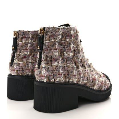 Chanel Tweed Calfskin Pearl Combat Short Boots 38 Beige Pink Black 4 of 8