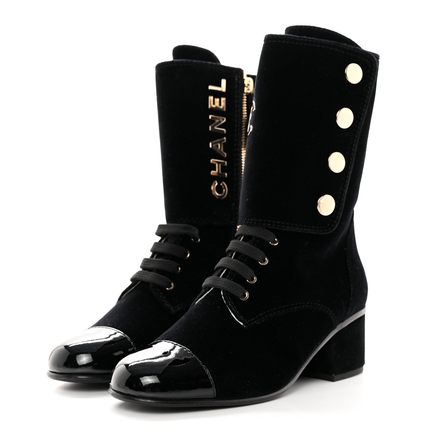 Chanel Suede Patent Calfskin Cap Toe Womens CC Boots 38 Black 3 of 8