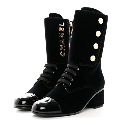 Chanel Suede Patent Calfskin Cap Toe Womens CC Boots 38 Black 3 of 8