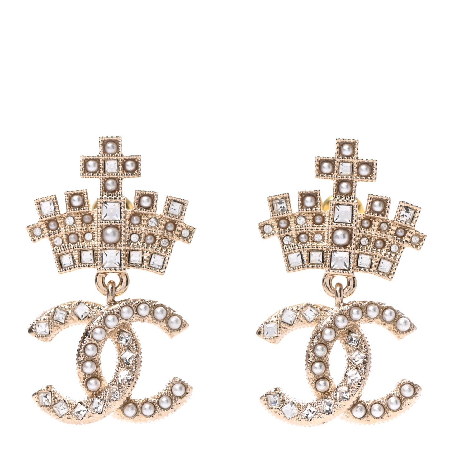 Crystal CC Crown Drop Earrings Gold