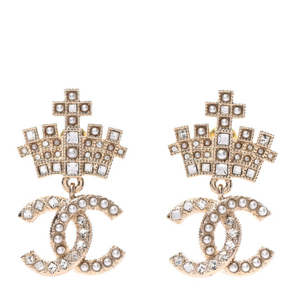 Chanel Crystal CC Crown Drop Earrings Gold 1 of 4