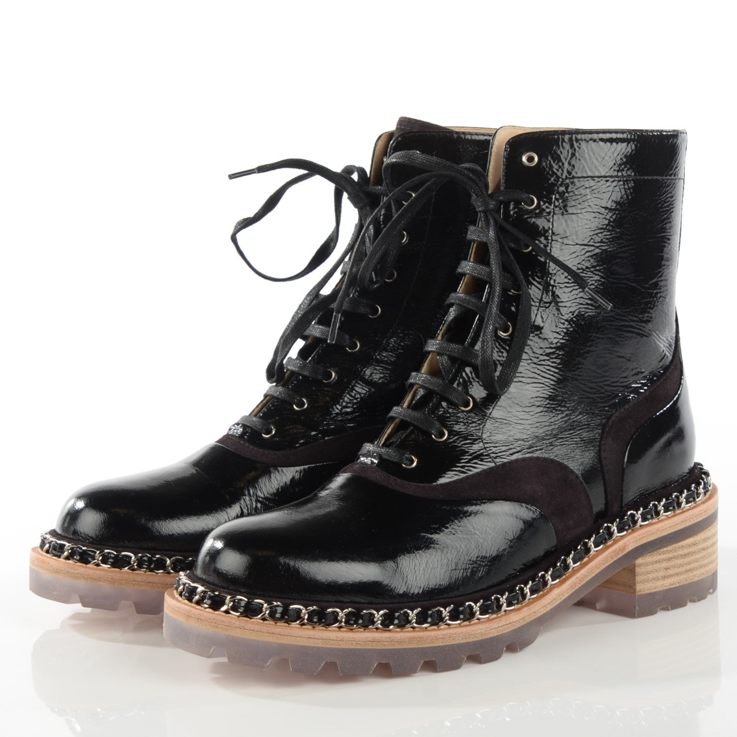 Chanel Patent Calfskin Chain Around Lace Up Boots 35.5 Black 3 of 8
