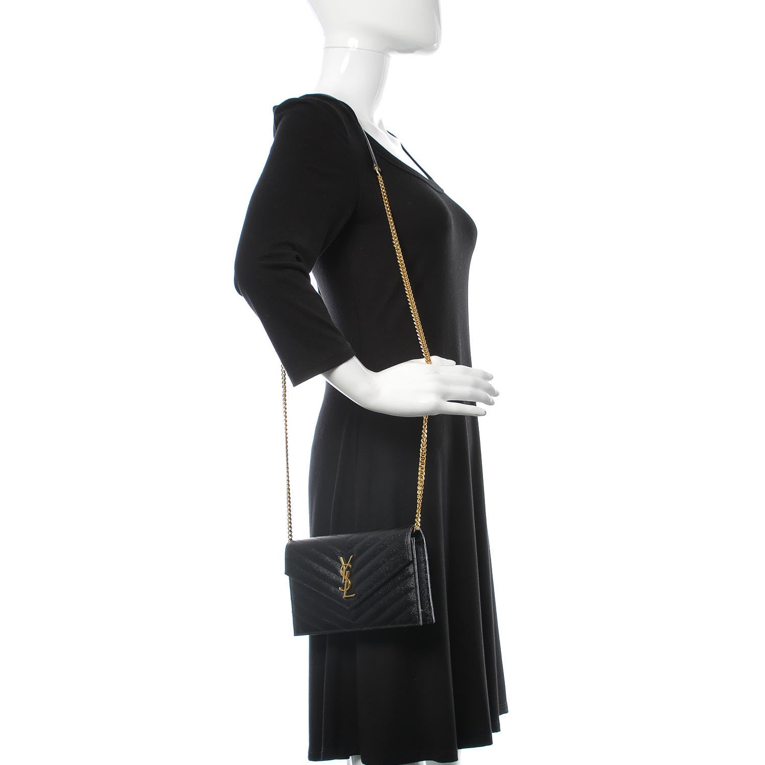 Saint Laurent Grain De Poudre Matelasse Chevron Monogram Envelope Chain Wallet Black 2 of 9