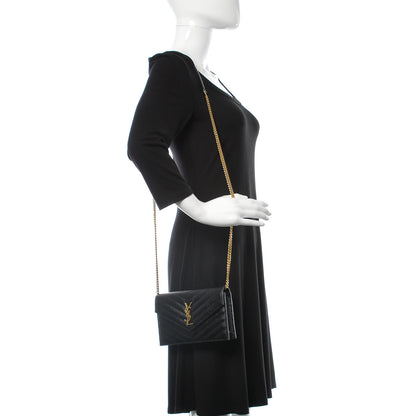 Saint Laurent Grain De Poudre Matelasse Chevron Monogram Envelope Chain Wallet Black 2 of 9