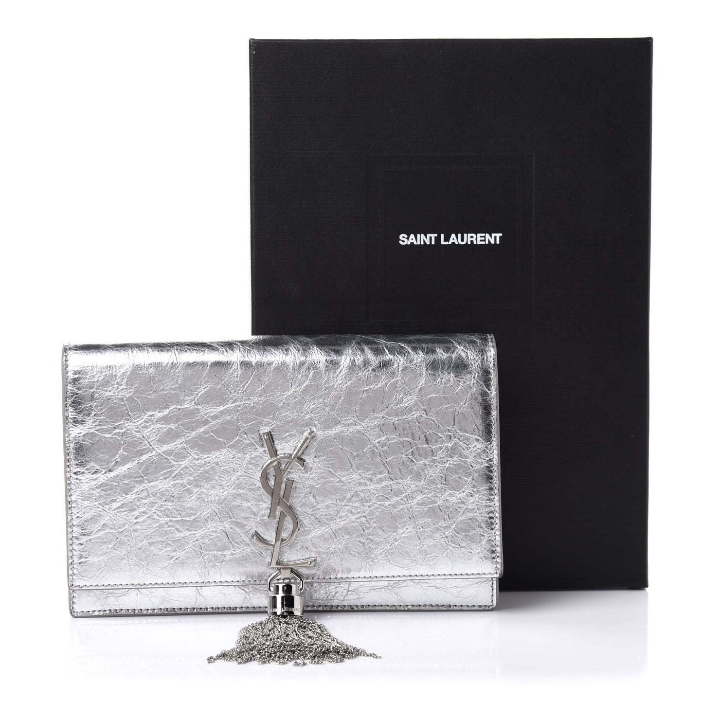 Metallic Crackled Calfskin Kate Monogram Tassel Chain Wallet Argento