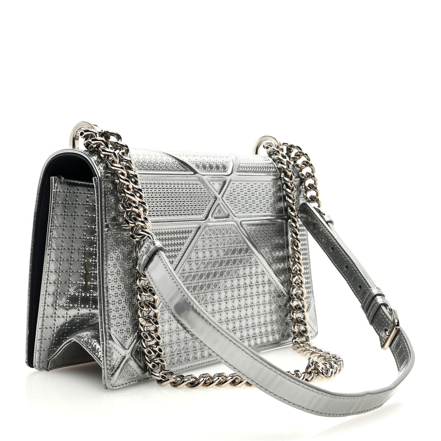 CHRISTIAN DIOR Metallic Patent Micro-Cannage Medium Diorama Flap Bag Silver