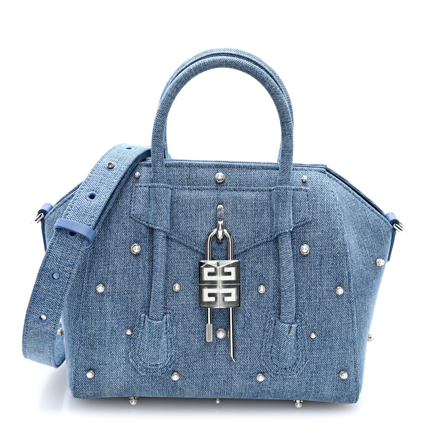 Givenchy Denim Pearl Embellished Mini Lock Antigona Shoulder Bag Blue 1 of 9