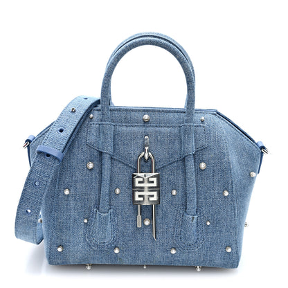 Givenchy Denim Pearl Embellished Mini Lock Antigona Shoulder Bag Blue 1 of 9