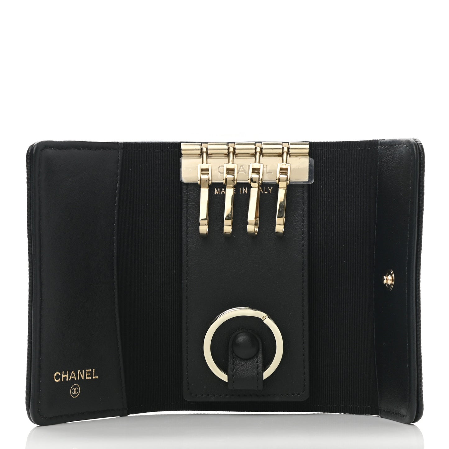 Caviar Embossed Camellia 4 Key Holder Case Black