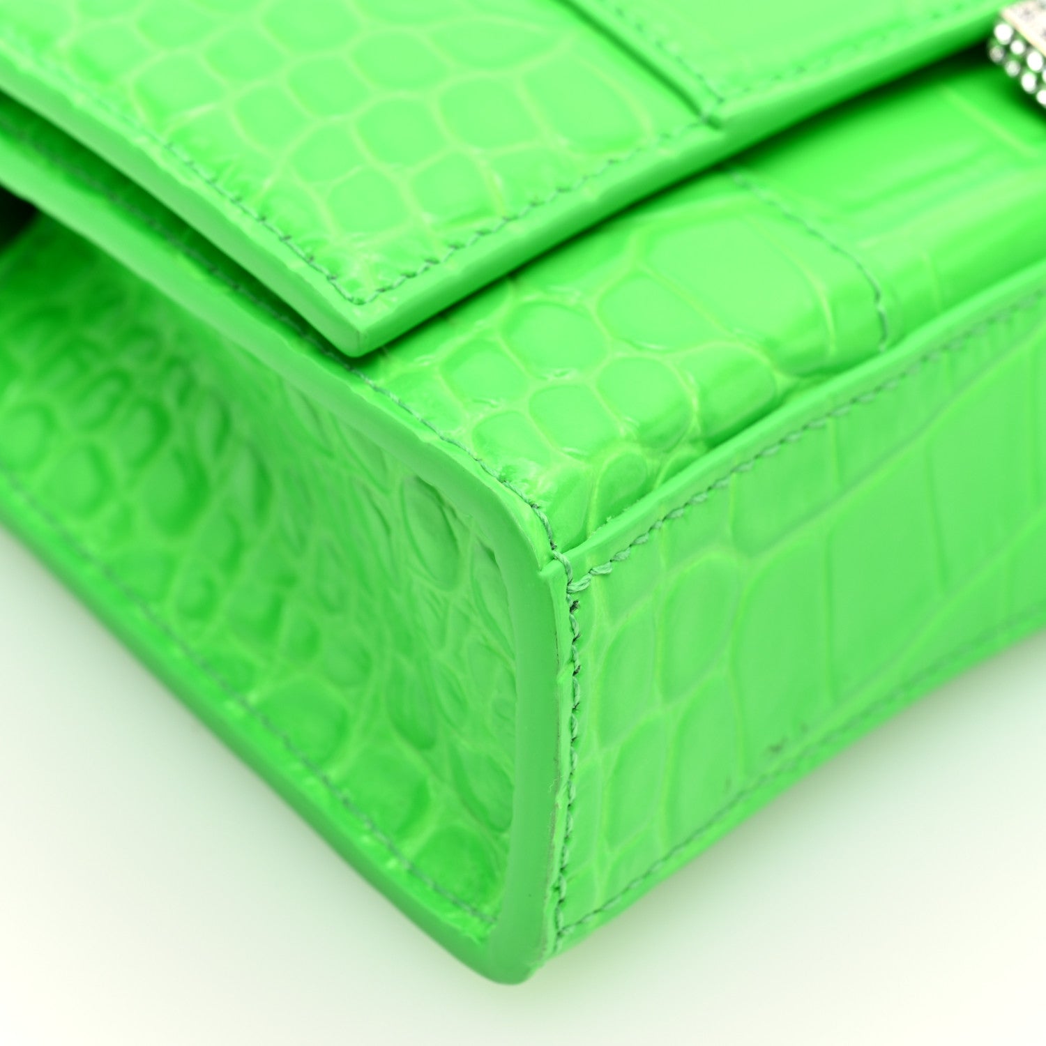 Balenciaga Shiny Calfskin Strass Crocodile Embossed Hourglass Chain Bag Fluo Green 8 of 9