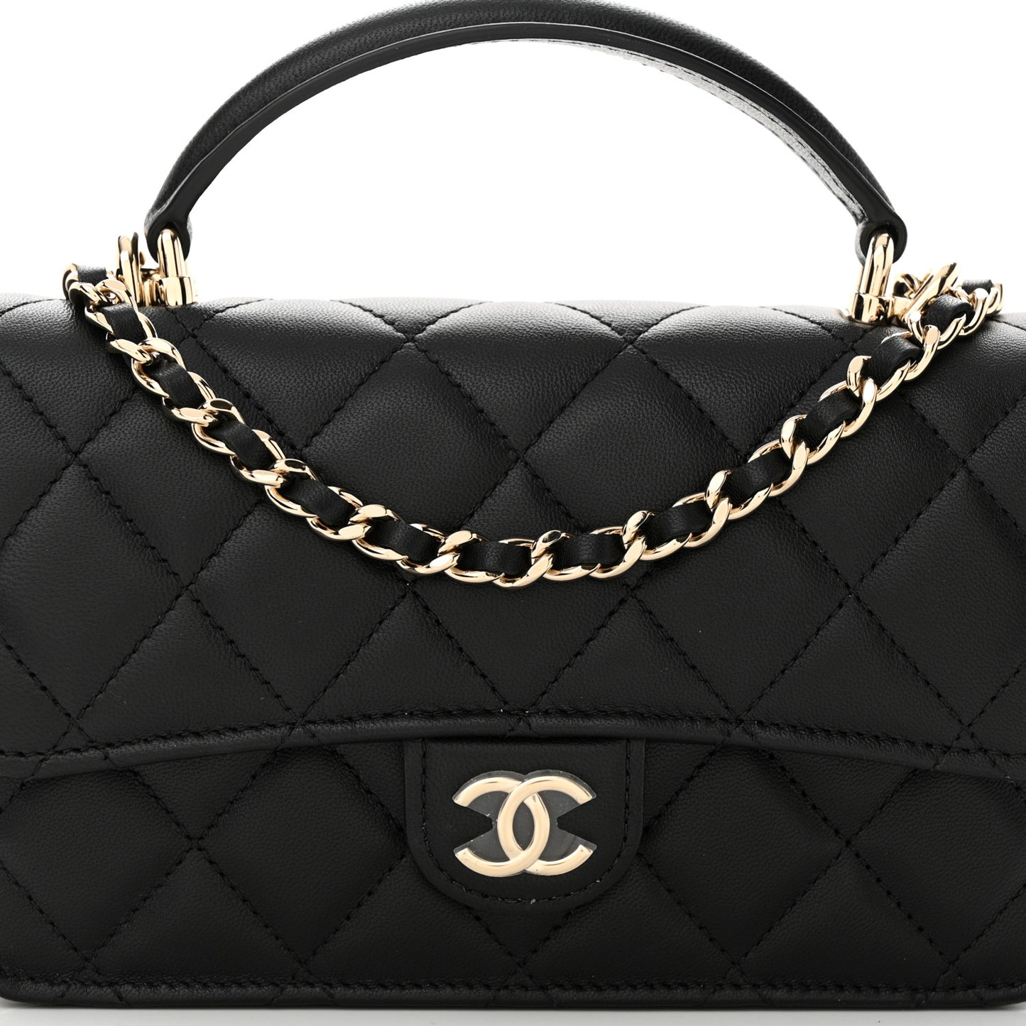 Lambskin Quilted Flap Phone Holder With Chain Black