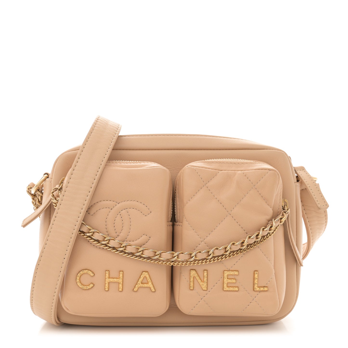 Calfskin Quilted Small Camera Case Beige