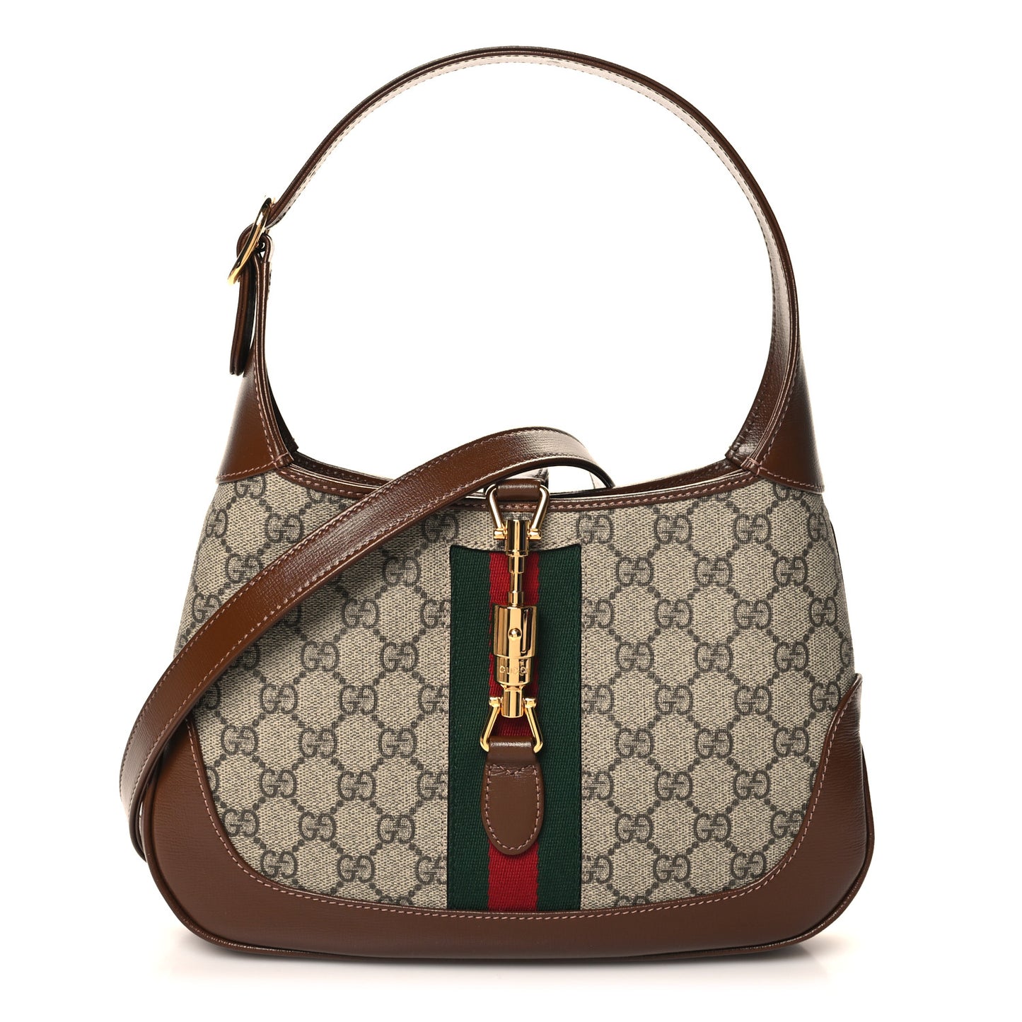 GG Supreme Monogram Azalea Calfskin Web Small Jackie 1961 Hobo Beige Ebony Brown Sugar