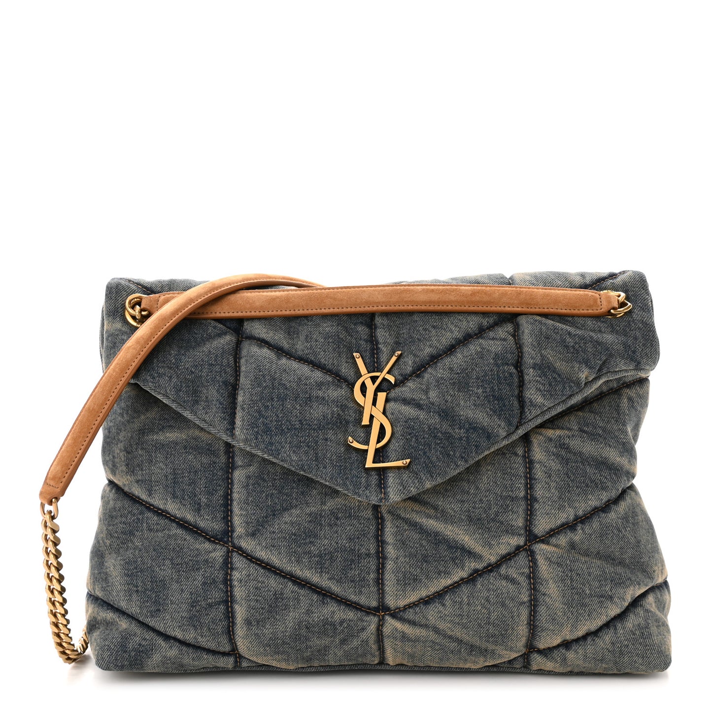 Denim Quilted Medium Loulou Puffer Monogram Chain Satchel Blue Cinnamon