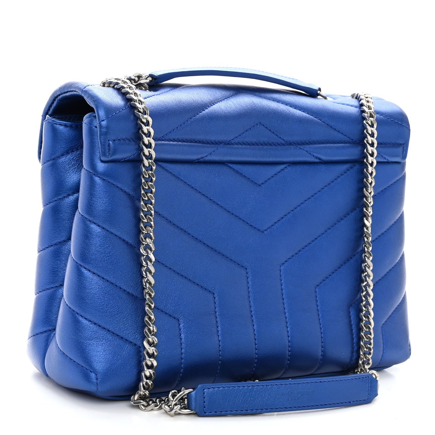 Metallic Calfskin Y Quilted Monogram Small Loulou Chain Satchel Blue Royal