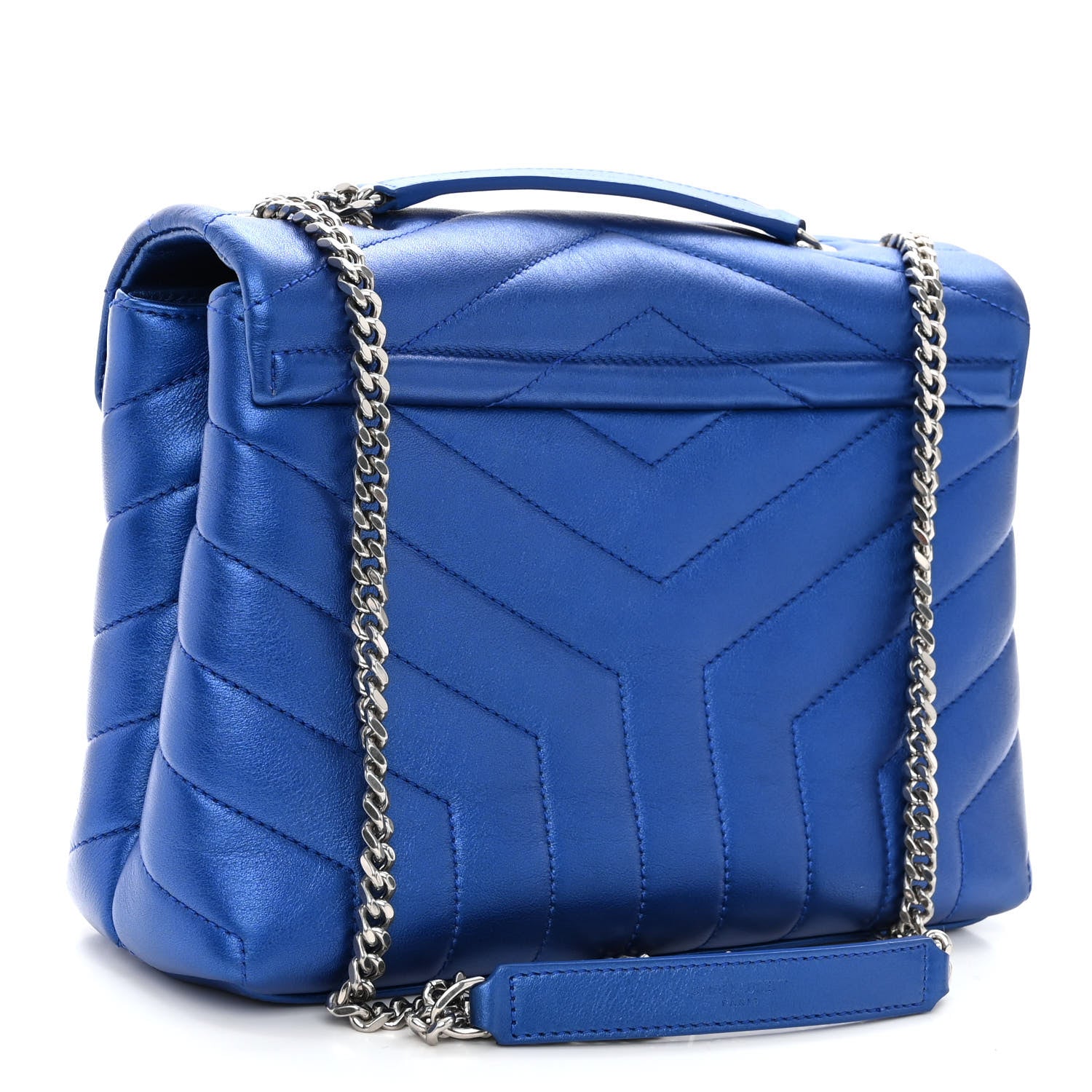 Saint Laurent Metallic Calfskin Y Quilted Monogram Small Loulou Chain Satchel Blue Royal 3 of 9