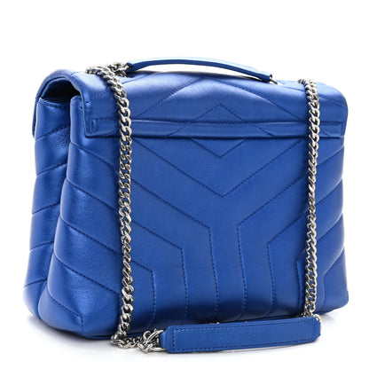 Saint Laurent Metallic Calfskin Y Quilted Monogram Small Loulou Chain Satchel Blue Royal 3 of 9