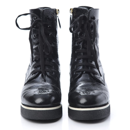 Chanel Shiny Crumpled Lambskin Cap Toe CC Lace Up Boots 37 Black 2 of 9