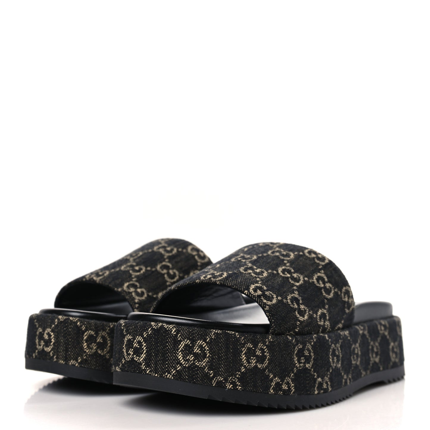 Jacquard Black Denim GG Monogram Angelina Platform 55mm Slide Sandals 40 Black Ivory
